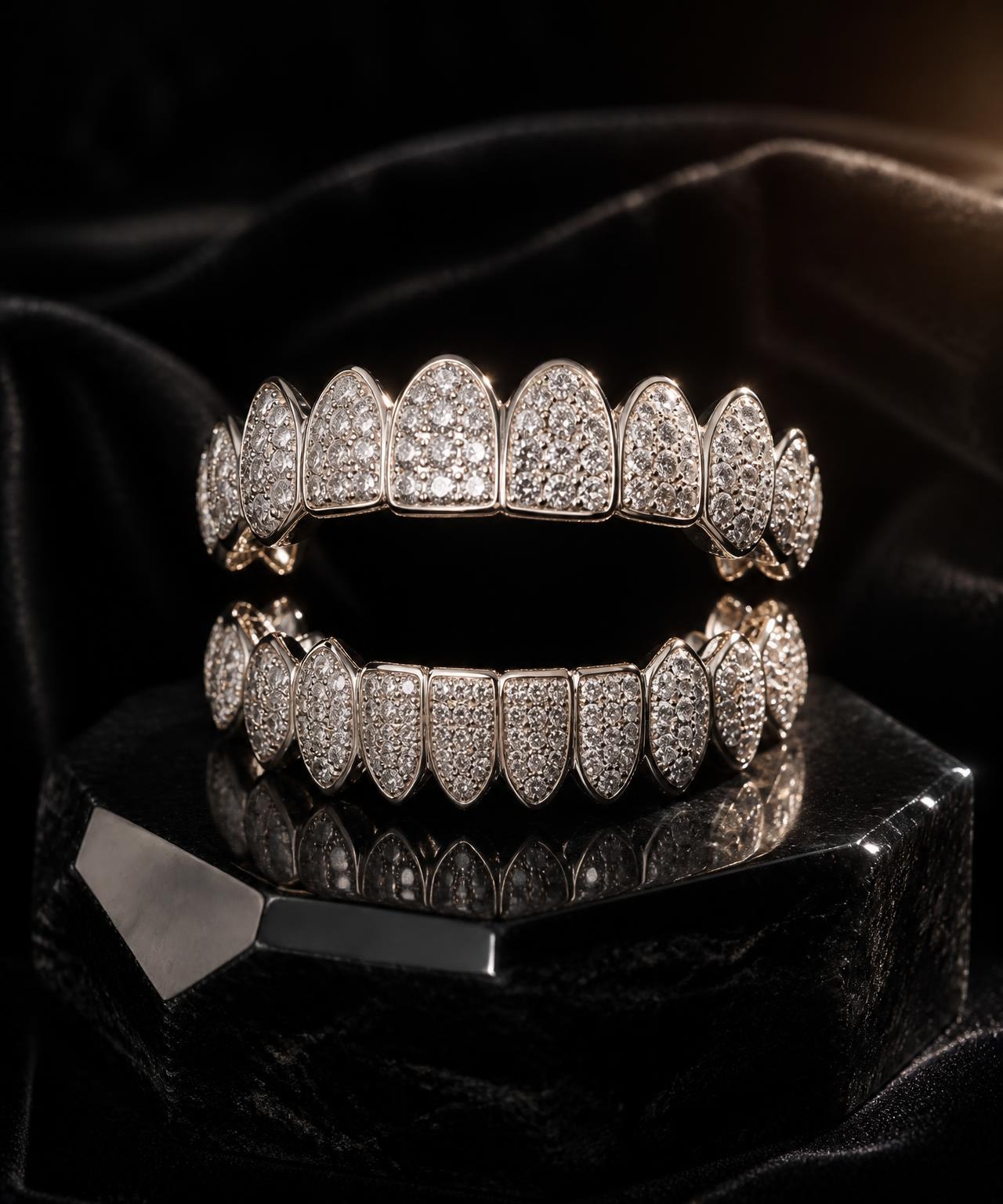 Custom diamond grillz displayed on polished black stone